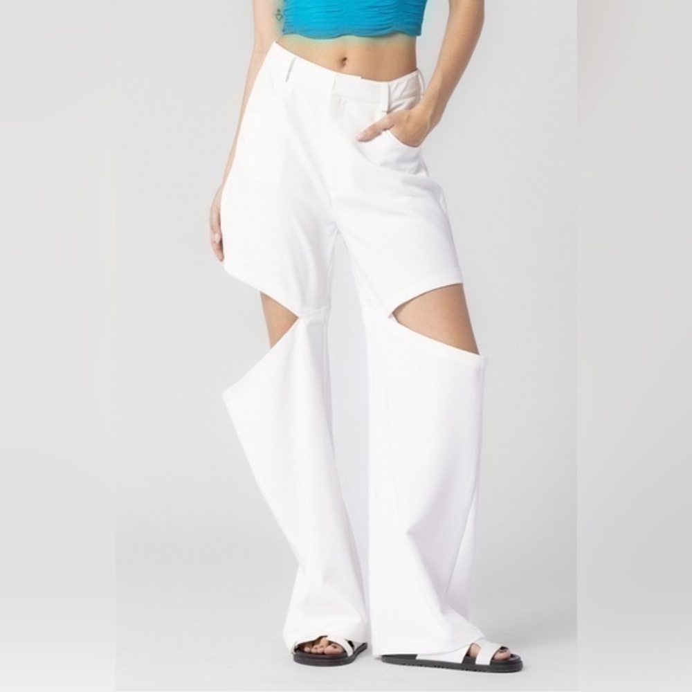 White Wide-Leg Split Knee Trousers